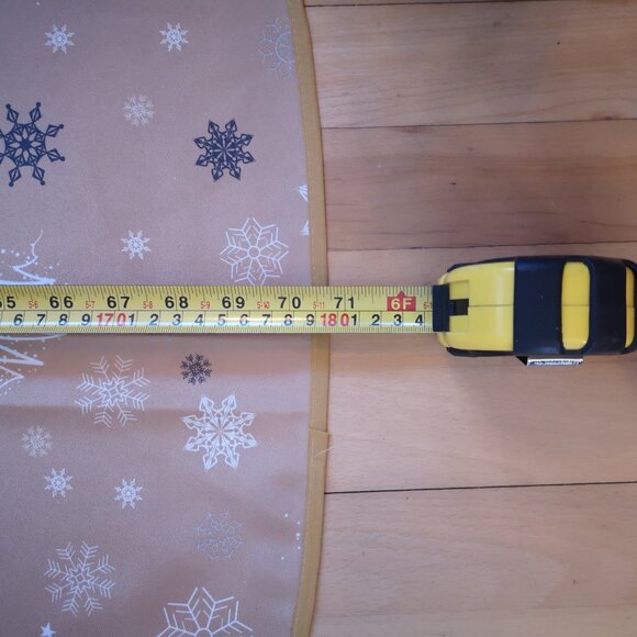 Round Fabric Tablecloth Gold w/ Black & White Holiday Patterned 70 1/2" Across - Picture 2 of 4